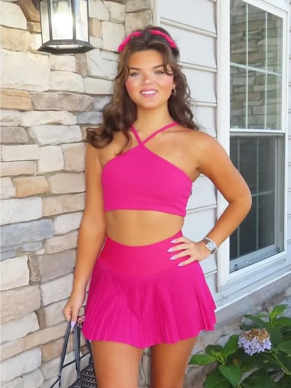 ALO Yoga Hot Pink Cross-Strap Mini Skirt Set